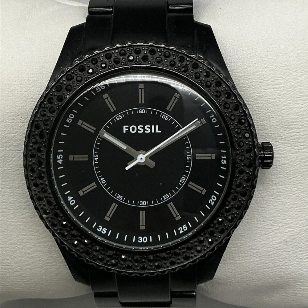 Fossil ES-2818 Womens Watch 38mm Black Dial Black Stainless Steel New Battery 6